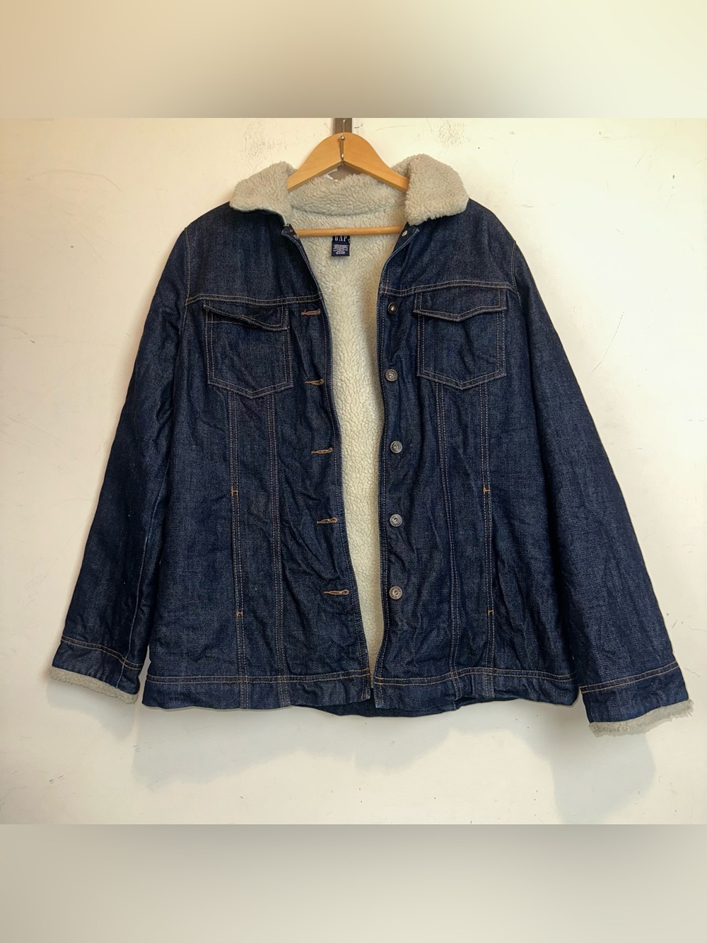 Vintage GAP Trucker Jacket Mens Large Sherpa Lined Denim Indigo Blue Cowboy Y2K